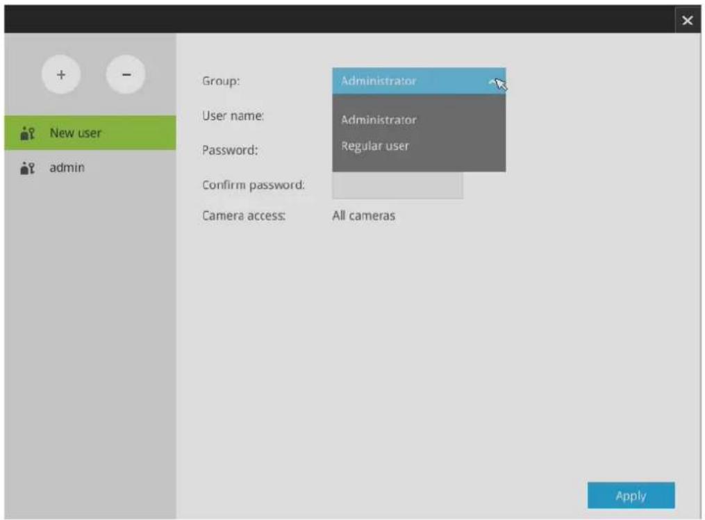 Group: Administrator User name: Administrator Password: Regular user Confirm password: Camera access: All cameras Apply
