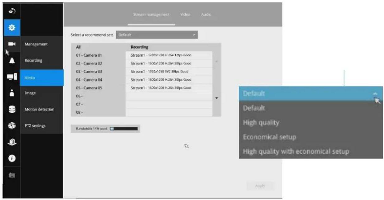 Stream management Video Audio Select a recommend set: Default All Recording 01 - Camera 01 Stream1 - 1280x1280 H.264 12fps Good 02 - Camera 02 Stream1 - 1600x1200 H.264 30fps Good 03 - Camera 03 Stream1 - 1920x1080 SVC 30fps Good 04 - Camera 04 Stream1 - 1600x1200 H.264 30fps Good 05 - Camera 05 Stream1 - 1600x1200 H.264 30fps Good 06 - - - - - - - - - - - - - - - - - - - - - - - - - - - - - - - - - - - - - - - - - - - - - - - - - - - - - - - - - - - - - - - - - - - - - - - - - - - - - - - - - - - - - - - - - - - - - - - - - - - - - + Media Image Motion detection PTZ settings Bandwidth 14% used Default Default High quality Economical setup High quality with economical setup Apply