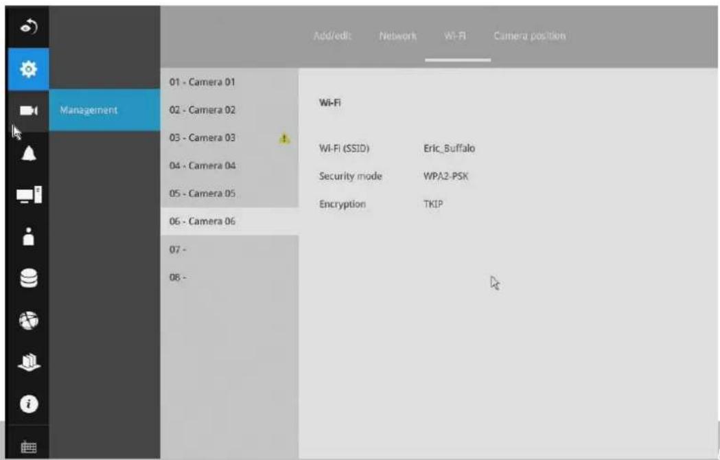 Add/edit Network Wi-Fi Camera position 01 - Camera 01 02 - Camera 02 03 - Camera 03 04 - Camera 04 05 - Camera 05 06 - Camera 06 07 - 08 - Management Wi-Fi Wi-Fi (SSID) Eric_Buffalo Security mode WPA2-PSK Encryption TKIP