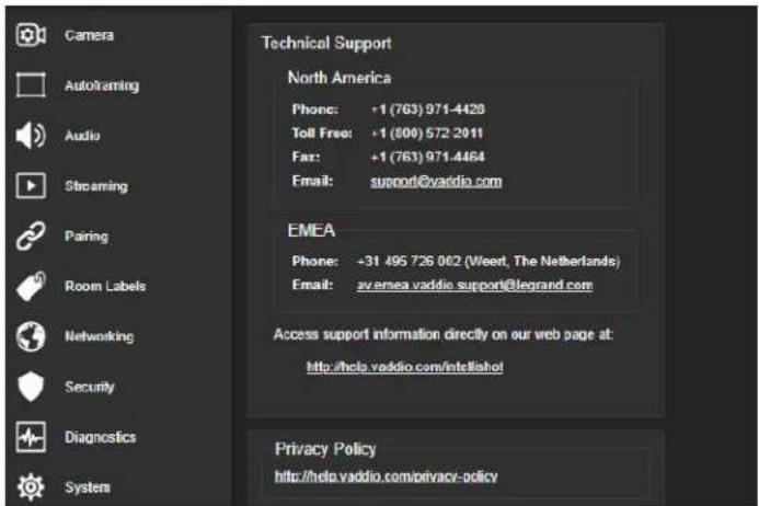 Vaddio IntelliSHOT - Contacting Vaddio Technical Support and Viewing Diagnostic Logs - 1