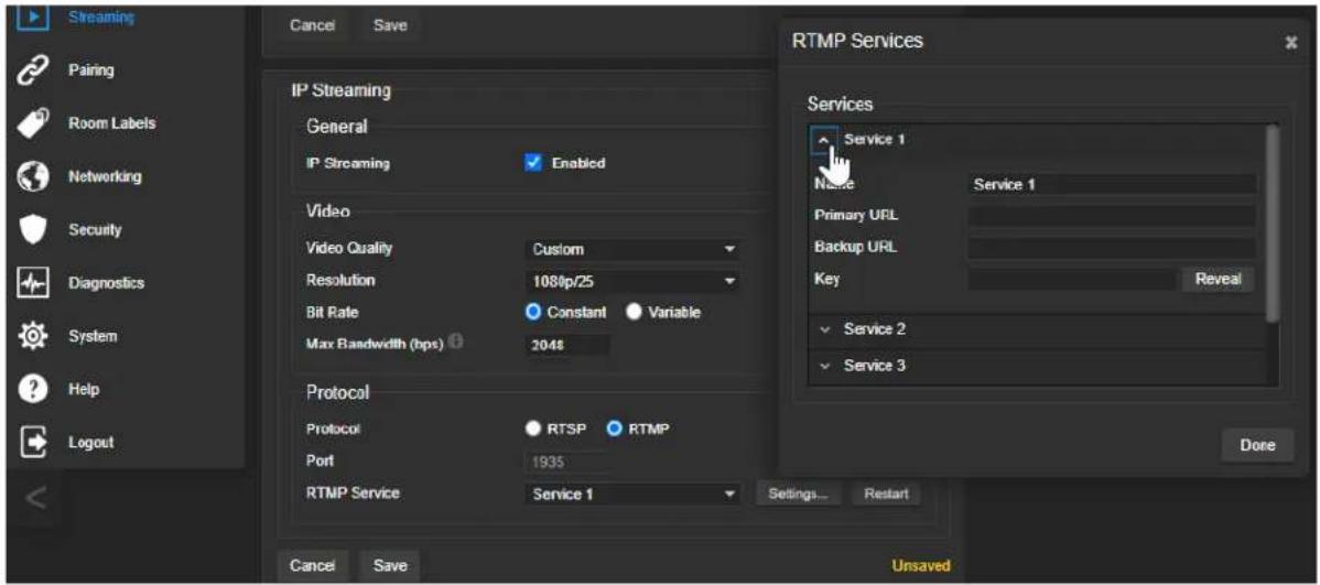 Vaddio IntelliSHOT - To configure an RTMP streaming service: - 1