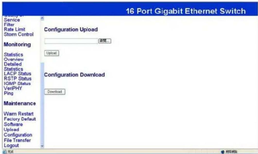 16 Port Gigabit Ethernet Switch Service Filter Rate Limit Storm Control Monitoring Statistics Overview Detailed Statistics LACP Status RSTP Status IGMP Status VeriPHY Ping Maintenance Warm Restart Factory Default Software Upload Configuration File Transfer Logout Configuration Upload 下载... Upload Configuration Download Download 完成
