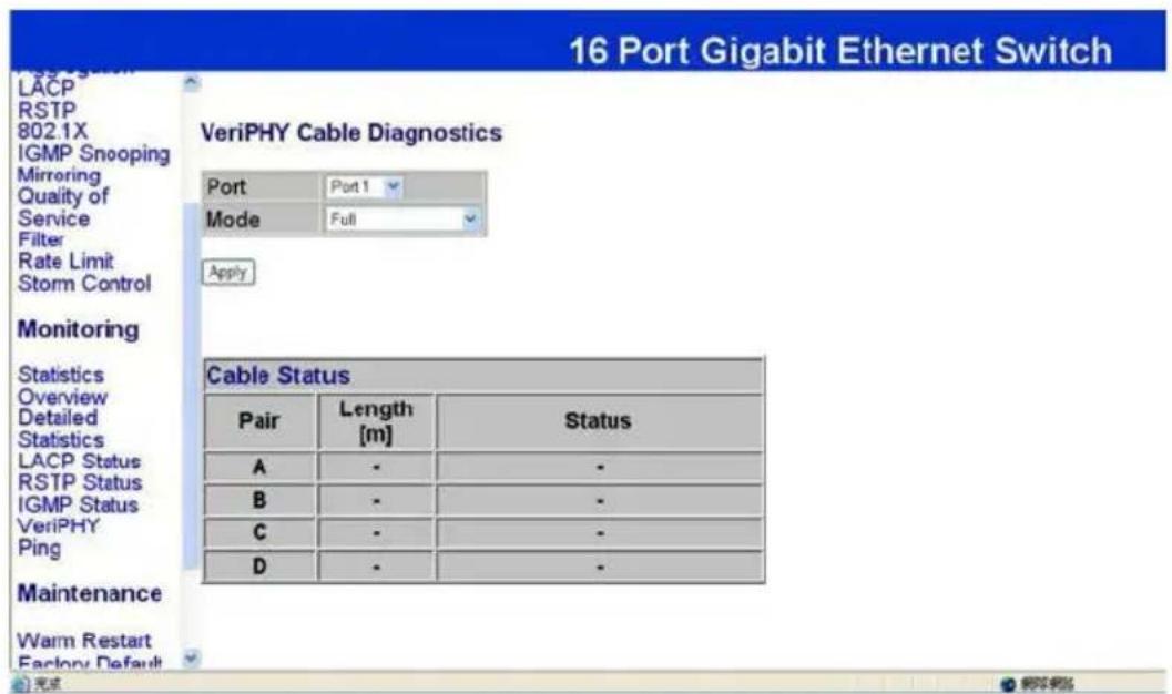 16 Port Gigabit Ethernet Switch LACP RSTP 802.1X IGMP Snooping Mirroring Quality of Service Filter Rate Limit Storm Control Monitoring Statistics Overview Detailed Statistics LACP Status RSTP Status IGMP Status VeriPHY Ping Maintenance Warm Restart Factory Default 完成 VeriPHY Cable Diagnostics Port Port 1 Mode Full Apply Cable Status Pair Length [m] Status A - - B - - C - - D - - *