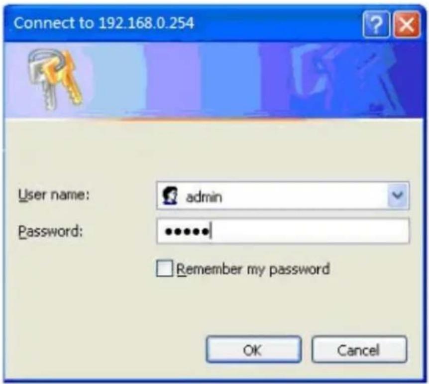 Connect to 192.168.0.254 User name: admin Password: ••••••| Remember my password OK Cancel