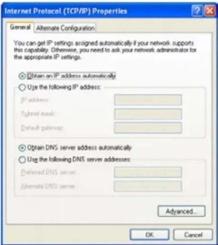 Internet Protocol (TCP/IP) Properties General Alternate Configuration You can get IP settings assigned automatically if your network supports this capability. Otherwise, you need to ask your network administrator for the appropriate IP settings. Obtain an IP address automatically Use the following I…