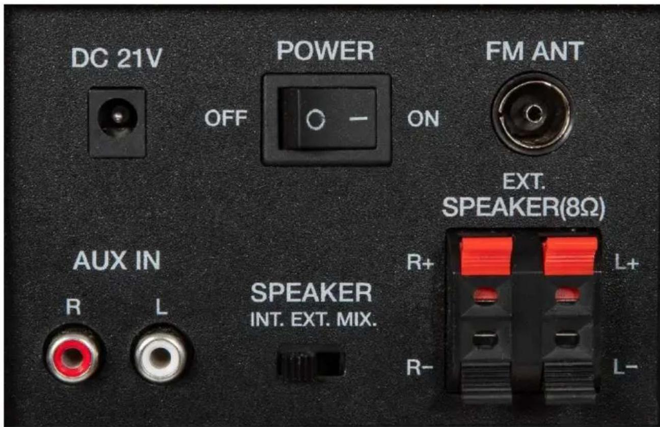 DC 21V OFF POWER ON FM ANT EXT. SPEAKER(8Ω) AUX IN R L SPEAKER INT. EXT. MIX. R+ L+ R- L-