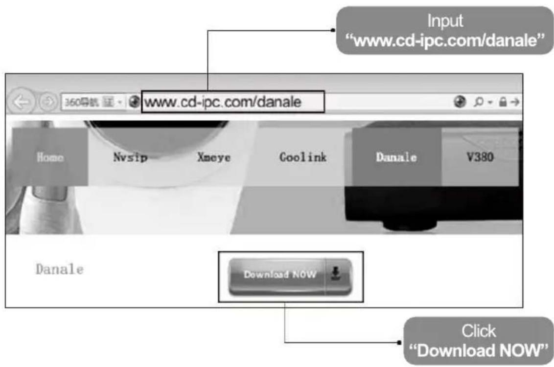 Input "www.cd-ipc.com/danale" www.cd-ipc.com/danale Home Nvsip Xmeye Coolink Danale V380 Danale Download NOW Click "Download NOW"