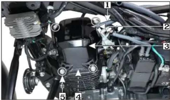 Labeled mechanical assembly diagram showing engine components and parts with numbered annotations