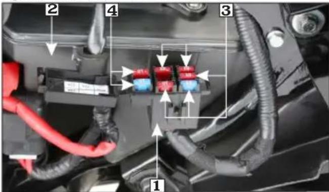 Labeled diagram of a vehicle battery terminal with numbered components and wiring connections