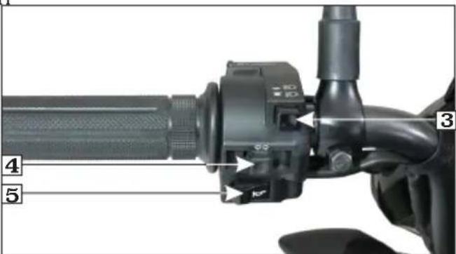 Close-up of a mechanical brake lever with labeled parts 3, 4, and 5 indicating key components.
