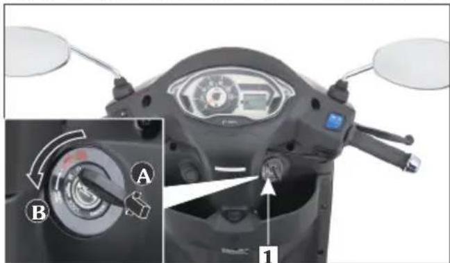 Close-up of a scooter dashboard with labeled control buttons and a dial indicator showing A and B.