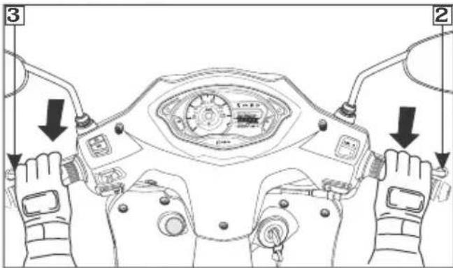 Diagram of a scooter seat with labeled parts and directional arrows indicating movement or positioning.