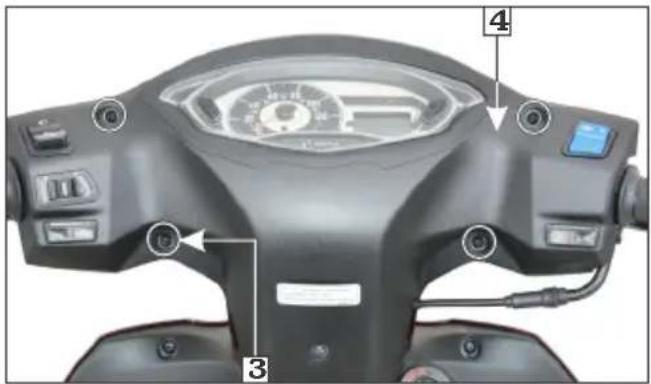 Labeled diagram of a scooter's front dashboard and steering wheel, showing key components like speedometer, camera, and control buttons.