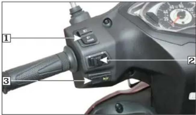 Labeled diagram of a motorcycle's hand crankshaft and steering wheel, showing key components like brake shift, speed limit, and pressure gauge.