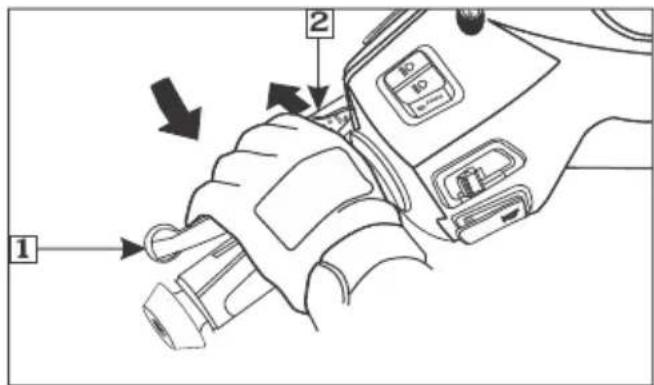 Diagram of a hand gripping a device with labeled parts and directional arrows indicating movement or adjustment.