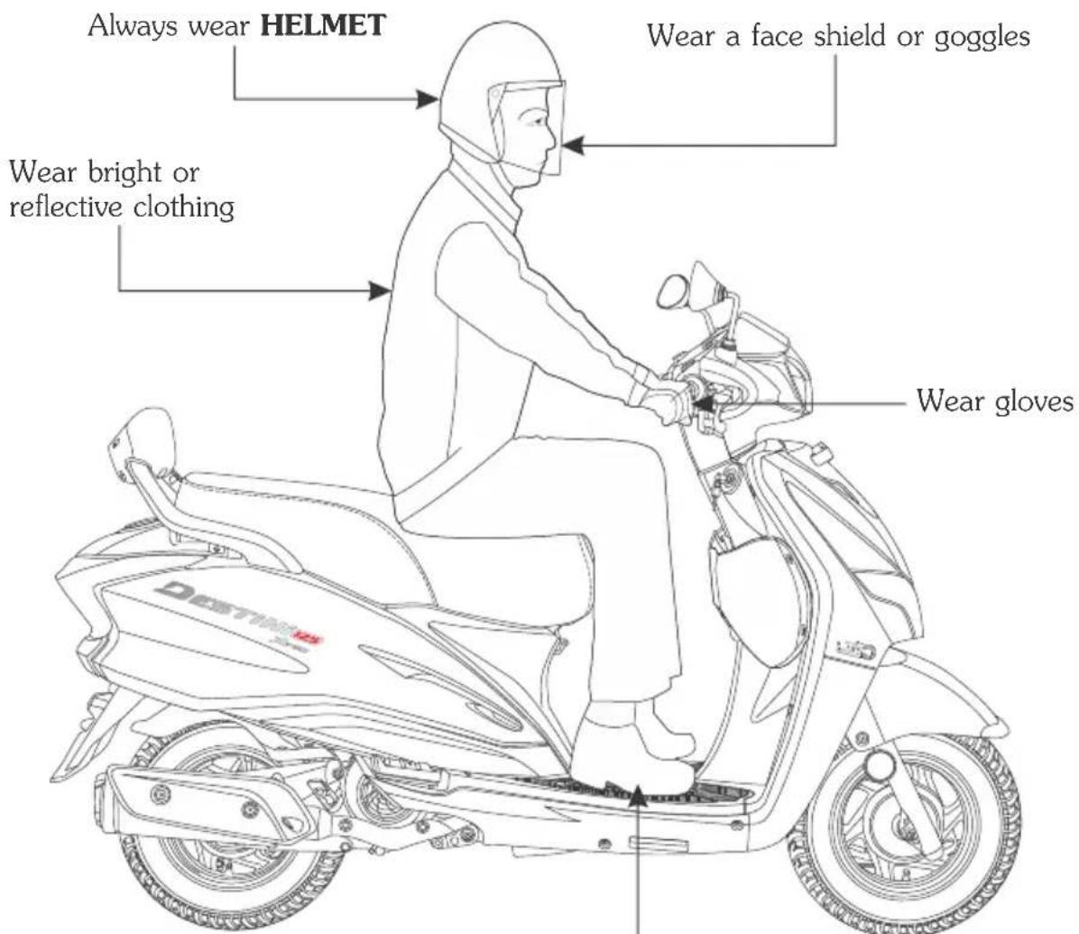 Always wear HELMET Wear a face shield or goggles Wear bright or reflective clothing Wear gloves