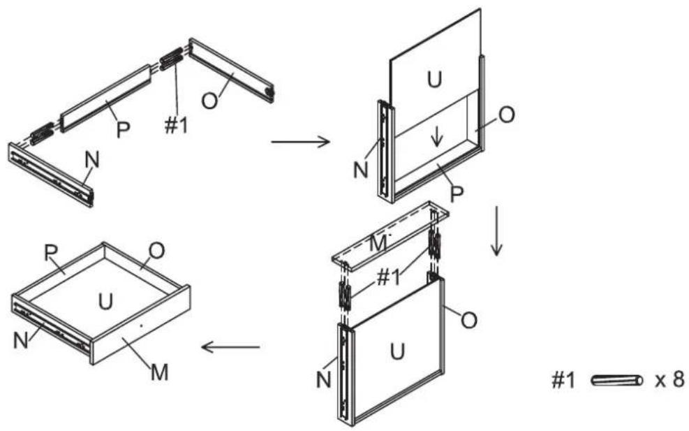 Technical diagram illustrating the assembly of a device with labeled components and directional arrows, including part numbers and cross-sectional views.