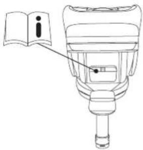 Diagram of a medical device with an open book and labeled component, showing a button or dial indicator.