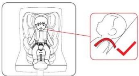 Diagram showing a child seated in a car seat with a red checkmark indicating a safety inspection or adjustment.