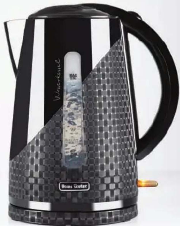 Exterior view of a modern black and white porcelain kettle with a glass lid, labeled 'Waverkeel' and 'Ursus Tecker' (no additional text or symbols visible on the device itself)