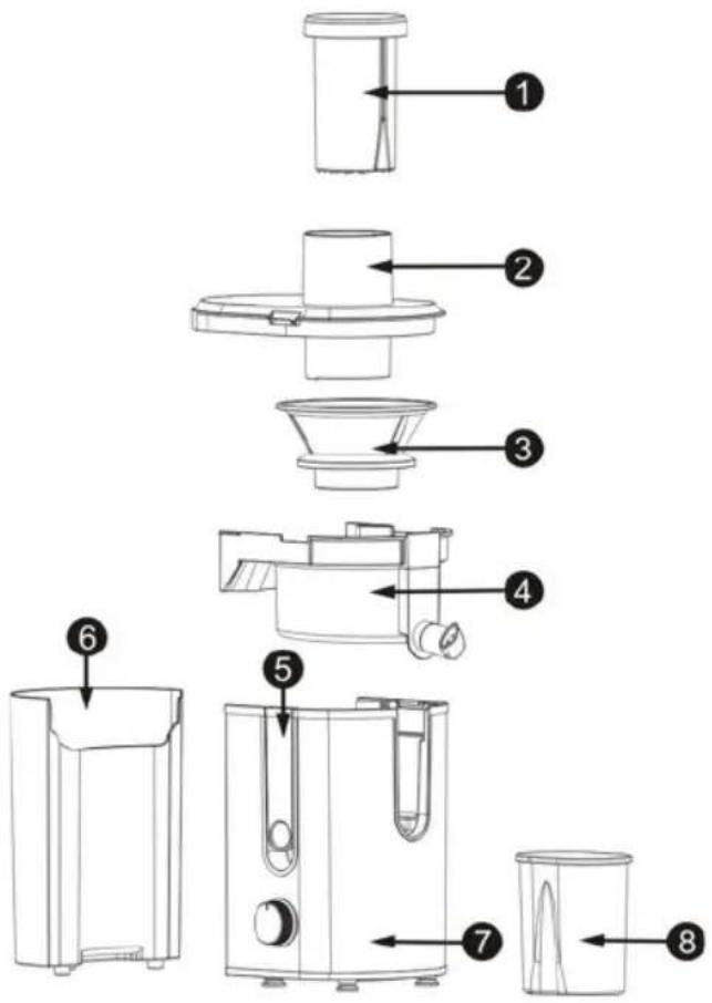 Exploded view diagram of a food blender with numbered parts for identification