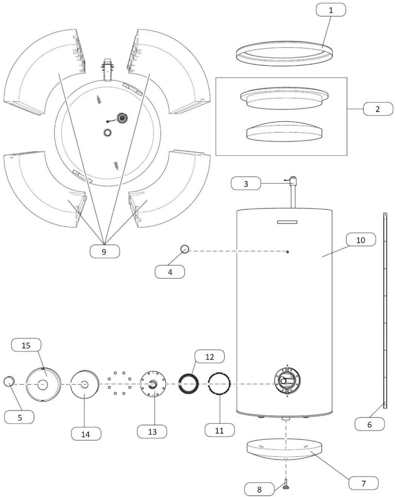 Technical diagram of a mechanical device with numbered components and exploded view, showing internal structure and assembly details.