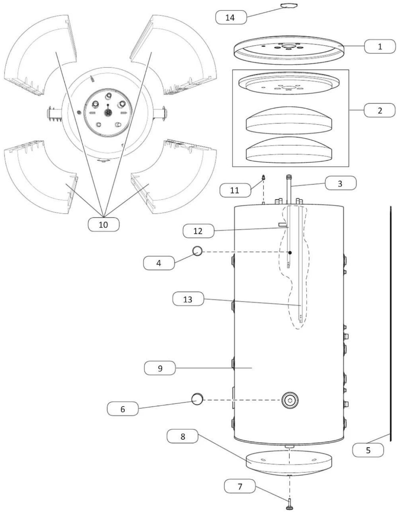 Technical diagram of a mechanical device with numbered components and exploded view, showing internal structure and assembly details.