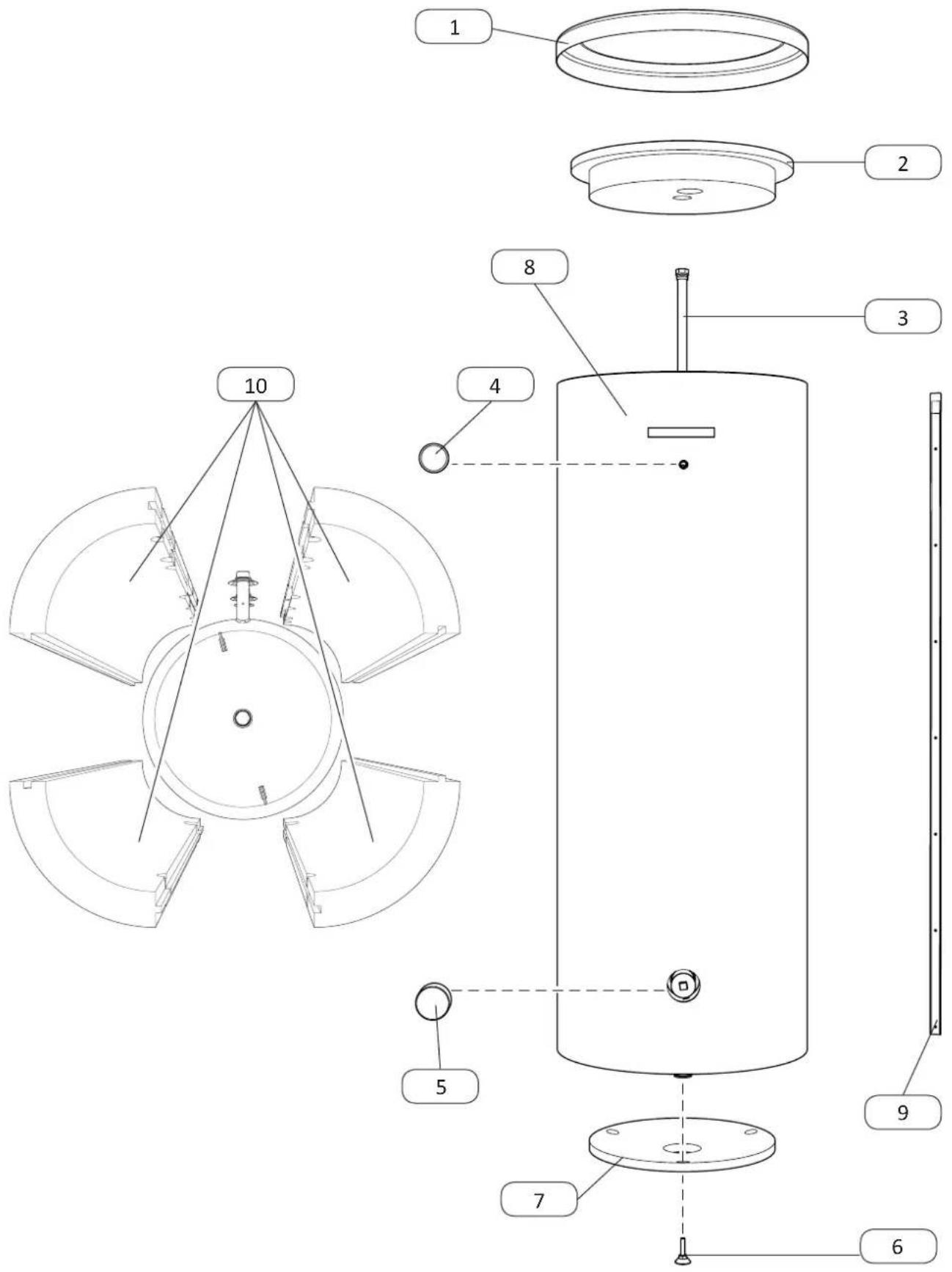 Technical diagram of a mechanical device with numbered components and exploded view, likely for assembly or manufacturing purposes.