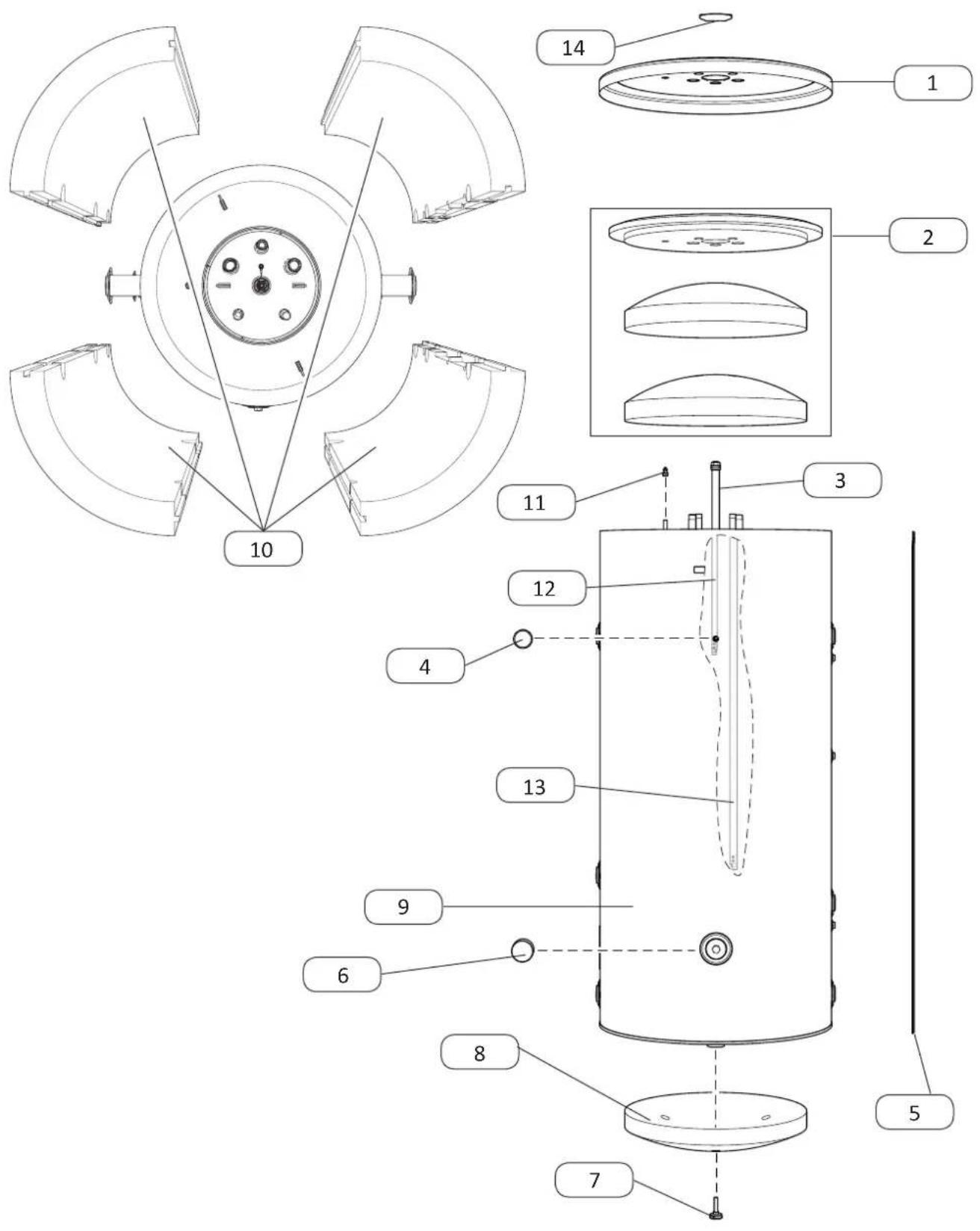 Technical diagram of a mechanical device with numbered components and exploded view, showing internal structure and assembly details.