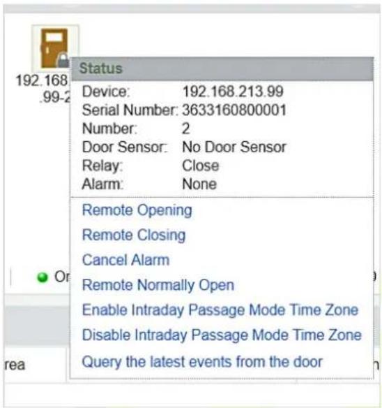 Status Device: 192.168.213.99 Serial Number: 3633160800001 Number: 2 Door Sensor: No Door Sensor Relay: Close Alarm: None Remote Opening Remote Closing Cancel Alarm Remote Normally Open Enable Intraday Passage Mode Time Zone Disable Intraday Passage Mode Time Zone Query the latest events from the door