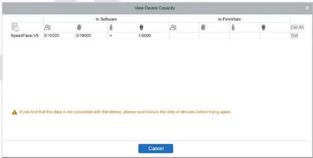 View Device Capacity In Software SpeedFace-V5 5/10000 0/10000 × 1/6000 In FirmWare Get All Got If you find that the data is not consistent with the device, please synchronize the data of devices before trying again. Cancel