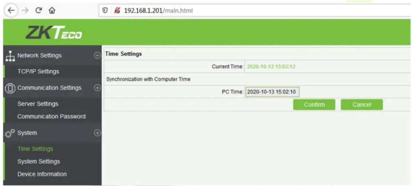 192.168.1.201/main.html ZKTeco Network Settings TCP/IP Settings Communication Settings Server Settings Communication Password System Time Settings System Settings Device Information Time Settings Current Time: 2020-10-13 15:02:12 Synchronization with Computer Time PC Time: 2020-10-13 15:02:10 Confirm Cancel