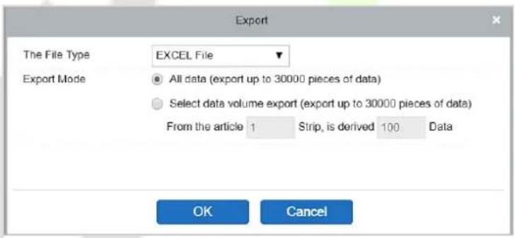 Export The File Type EXCEL File Export Mode All data (export up to 30000 pieces of data) Select data volume export (export up to 30000 pieces of data) From the article 1 Strip, is derived 100 Data OK Cancel