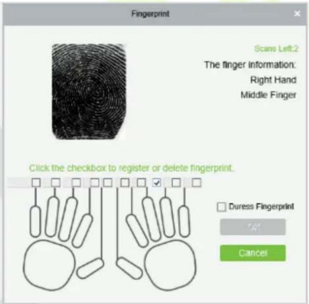 Fingerprint Scans Left:2 The finger Information: Right Hand Middle Finger Click the checkbox to register or delete fingerprint. Duress Fingerprint Cancel