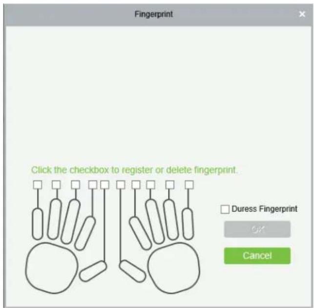 Fingerprint Click the checkbox to register or delete fingerprint. □ Duress Fingerprint OK Cancel