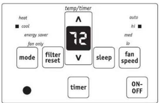 temp/timer heat cool energy saver fan only mode filter reset 12 V sleep fan speed timer ON-OFF auto hi med lo