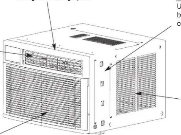 Technical diagram of an air conditioner unit with labeled components and directional arrows indicating airflow or ventilation.