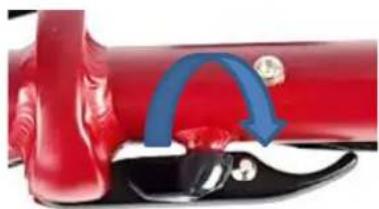 Close-up of a red shoe and black shoes with a blue curved arrow indicating rotation or movement (no text or symbols)