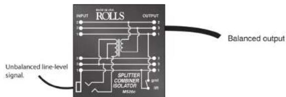 INPUT ROLLS OUTPUT Unbalanced line-level signal. SPLITTER COMBINER ISOLATOR MSPR01 Balanced output