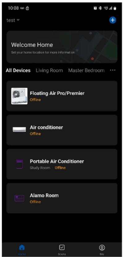 10:08 test Welcome Home Set your home location for more information All Devices Living Room Master Bedroom ... Floating Air Pro/Premier Offline Air conditioner Offline Portable Air Conditioner Study Room Offline Alamo Room Offline