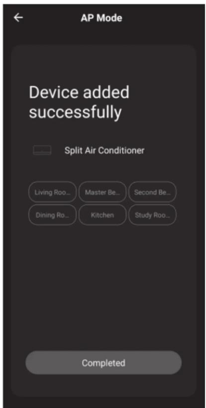 AP Mode Device added successfully Split Air Conditioner Living Roo... Master Be... Second Be... Dining Ro... Kitchen Study Roo... Completed