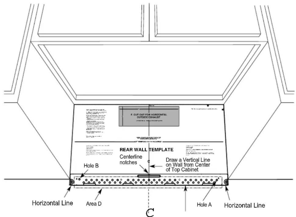 F. CUT OUT FOR HORIZONTAL OUTSIDE EXHAUST REAR WALL TEMPLATE Centerline notches Draw a Vertical Line on Wall from Center of Top Cabinet Hole B Horizontal Line Area D C Hole A Horizontal Line