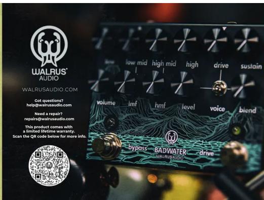 WALRUS® AUDIO WALRUSAUDIO.COM Got questions? help@walrusaudio.com Need a repair? repairs@walrusaudio.com This product comes with a limited lifetime warranty. Scan the QR code below for more info low mid high mid high drive sustain volume inf hmf level voice blend bypass BADWATER drive