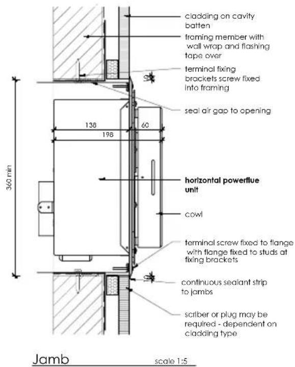 cladding on cavity batten framing member with wall wrap and flashing tape over terminal fixing brackets screw fixed into framing seal air gap to opening 138 60 196 horizontal powerflue unit cowl terminal screw fixed to flange with flange fixed to studs at fixing brackets continuous sealant strip to jambs scliber or plug may be required - dependent on cladding type 360 min Jamb scale 1:5