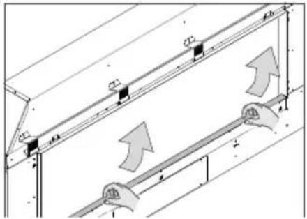 Technical diagram showing mechanical assembly with labeled components and directional arrows indicating motion or force vectors.