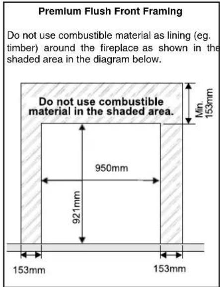 Premium Flush Front Framing Do not use combustible material as lining (eg. timber) around the fireplace as shown in the shaded area in the diagram below. Do not use combustible material in the shaded area. 950mm 921mm 153mm 153mm Min. 153mm