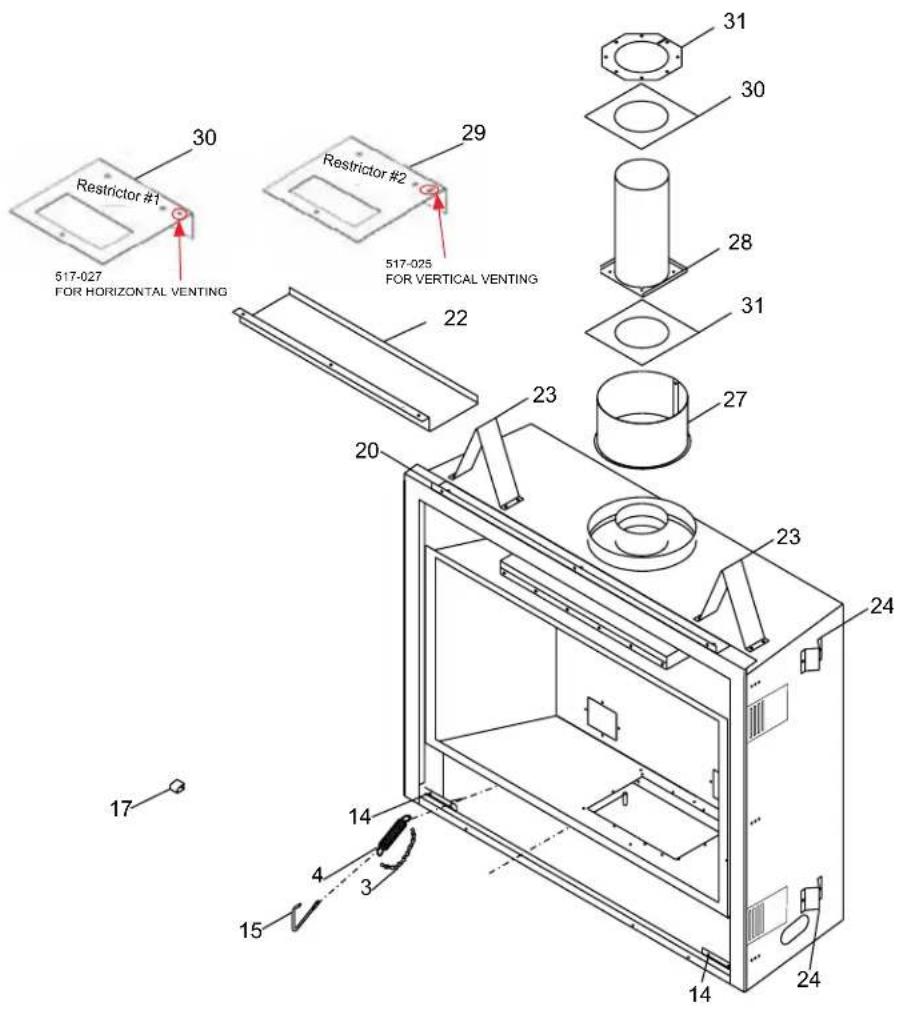 Restrictor #1 517-027 FOR HORIZONTAL VENTING Restrictor #2 517-025 FOR VERTICAL VENTING 30 29 22 23 27 20 24 23 24 17 14 4 3 15 14 14 24 31 30 31