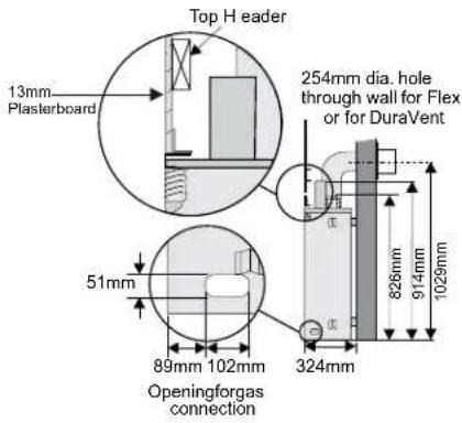 Top H eader 13mm Plasterboard 254mm dia. hole through wall for Flex or for DuraVent 51mm 89mm 102mm 324mm 826mm 914mm 1029mm Openingforgas connection