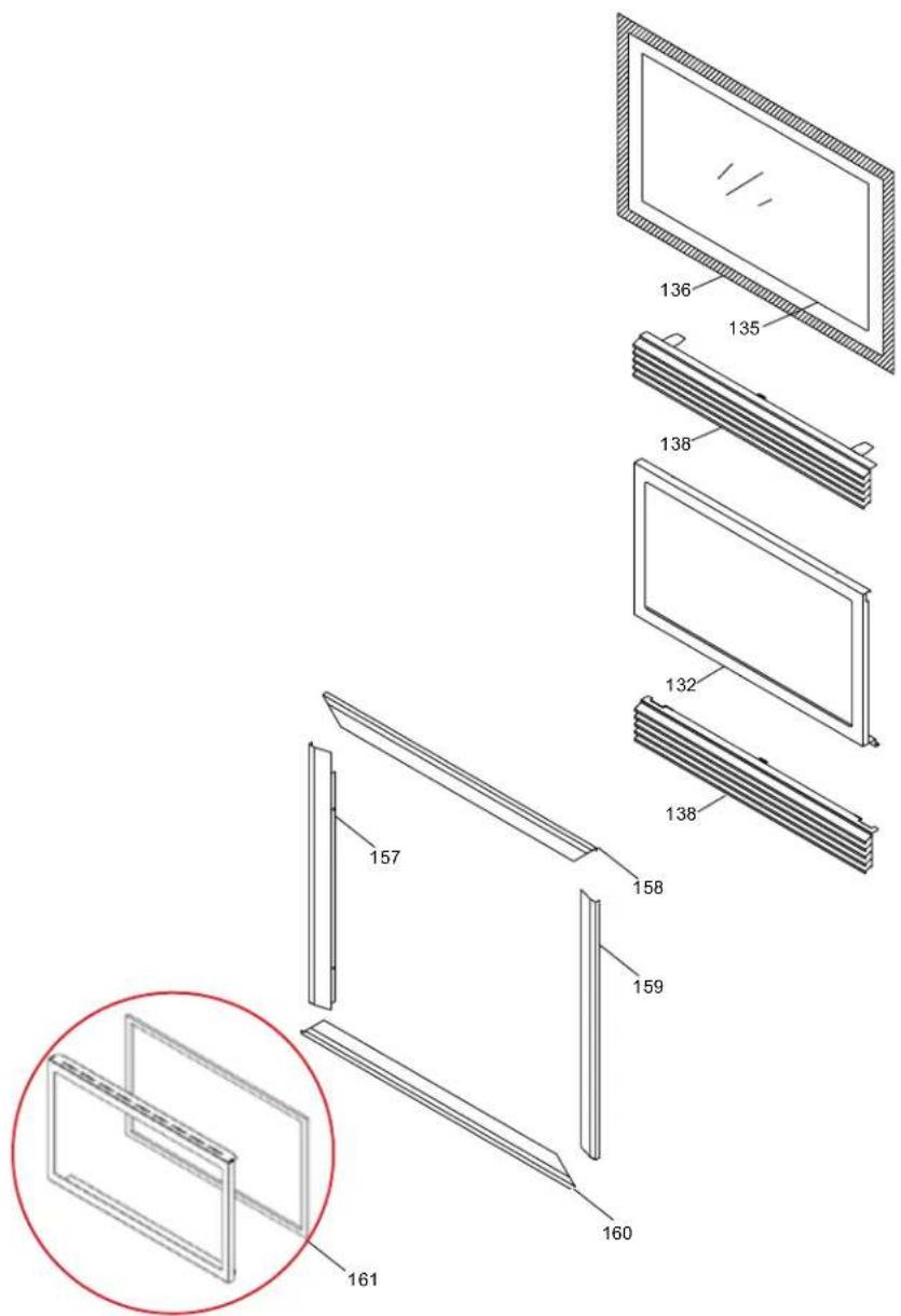 Technical diagram showing exploded view of a display panel with numbered components and a magnified inset detail.