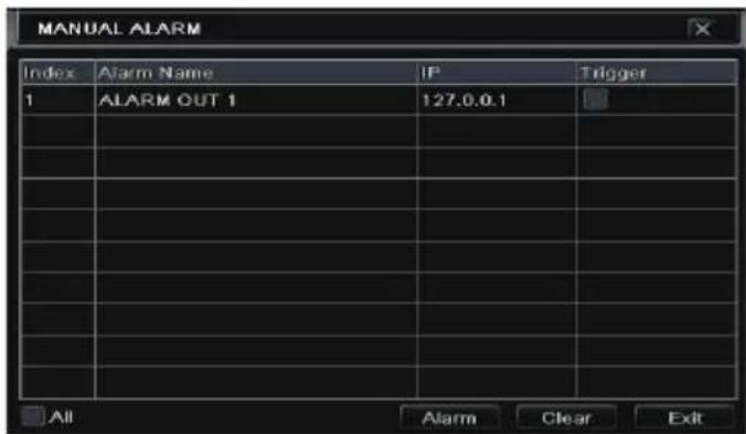 MANUAL ALARM Index Alarm Name IP Trigger 1 ALARM OUT 1 127.0.0.1 All Alarm Clear Exit